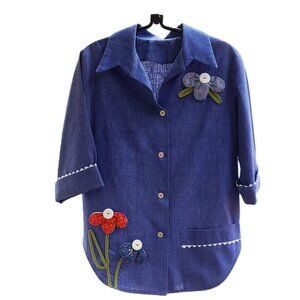 Women's Appliqued Floral Blue Chambray Shirt Duster Button Down Scallop Hem